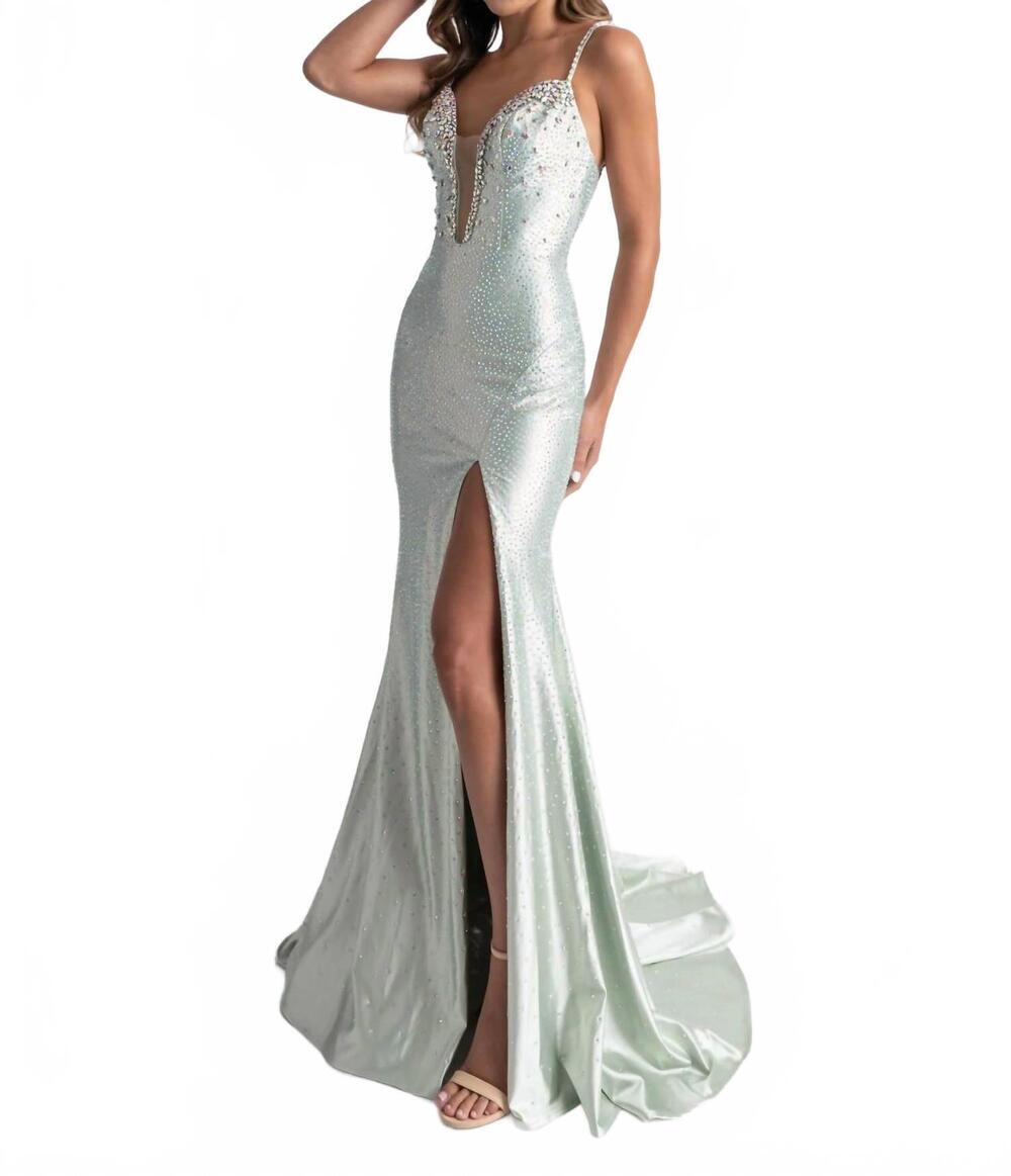 NEW RACHEL ALLAN satin sleeveless slit prom gown in sage